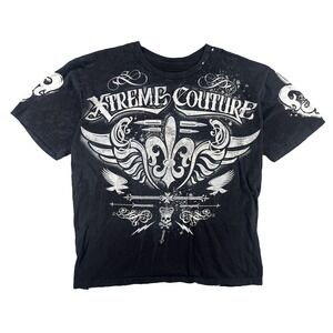 Xtreme Couture Shirt Mens XL Black Fleur De Lis Skull Wings Graphic Biker Tee